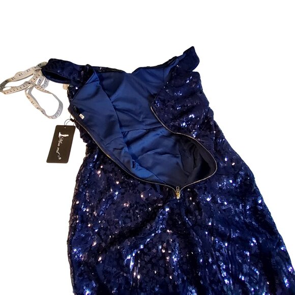 Miss Ord Navy Blue Sequin Evening Gown With Shoulder Straps  Size XL Fully lined - Picture 8 of 13